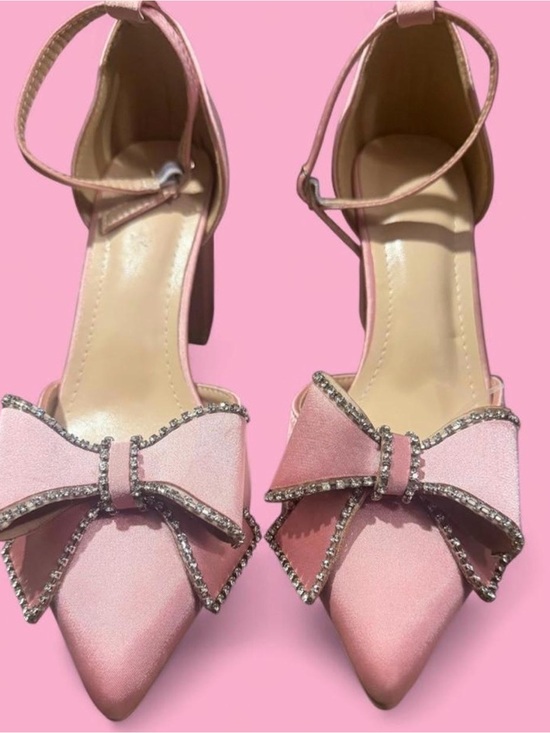Shoes - Women’s Pink Satin Bow Ankle-Strap Pointed-Toe Heels